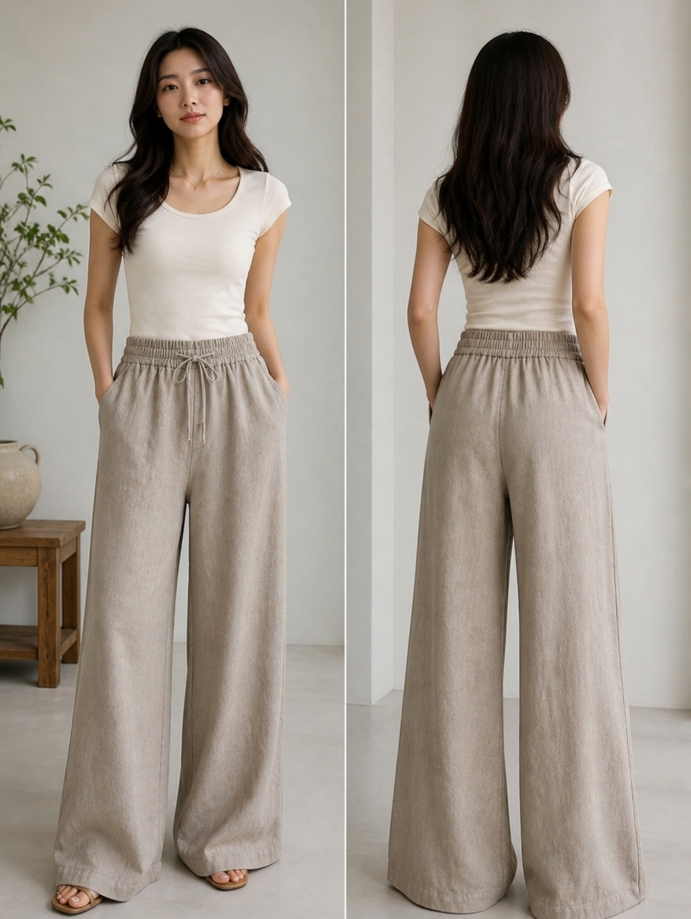 a new day Taupe Wide-Leg Linen-Blend Pants
